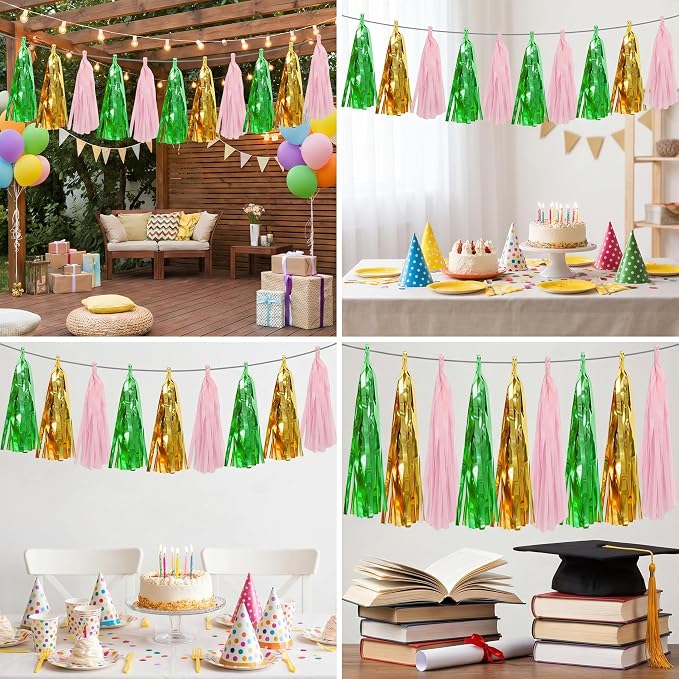 3P Sage-Green Gold Pink Tassel Banner Garland Metallic Foil Fringe Banner - Image 4