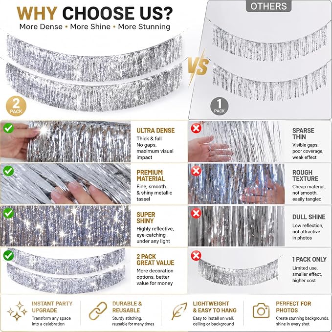 2 Pack Silver Fringe Garland Tinsel Banner Party Decoration | Dense Shiny - Image 4