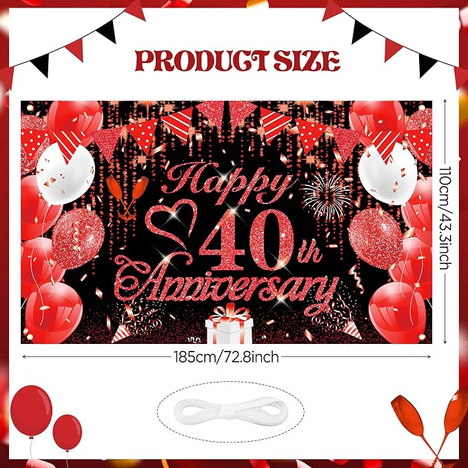 40th Anniversary Decorations Red Black Happy Banner Ruby Wedding - Image 3
