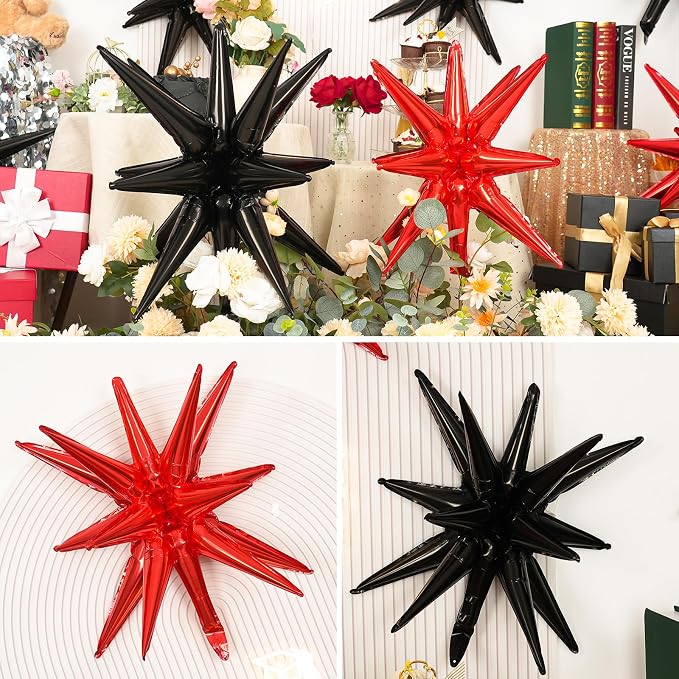 9Pcs Red and Black Star Balloons, Large Explosion Foil Balloons, Metallic Mylar - Image 6