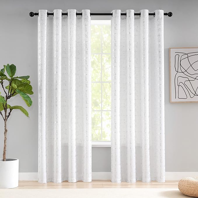 Taisier Home Silver Foil Print Linen Textured Curtains Geometric Dots Pattern - Image 2