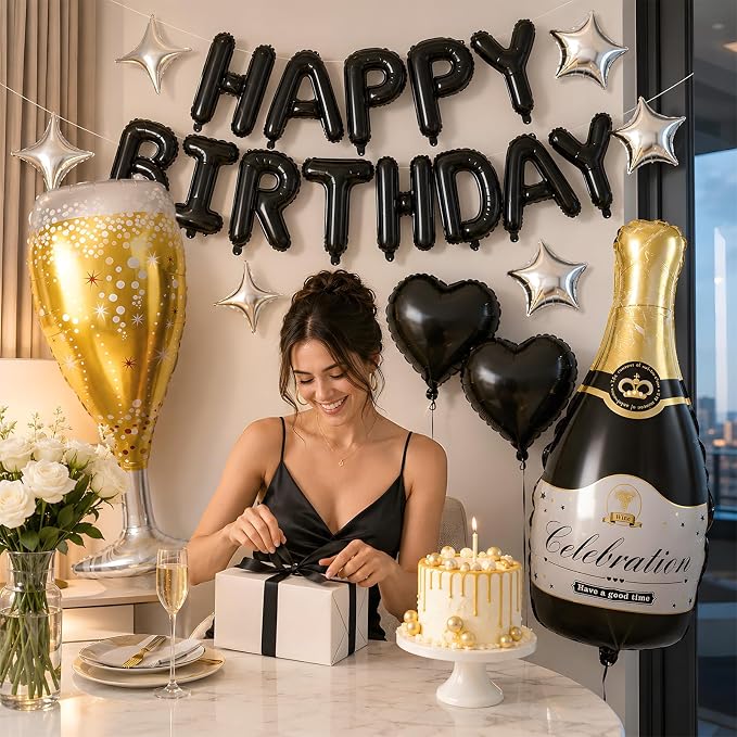 Black Happy Birthday Balloons Banner, Champagne Bottle Glass Balloon - Image 5