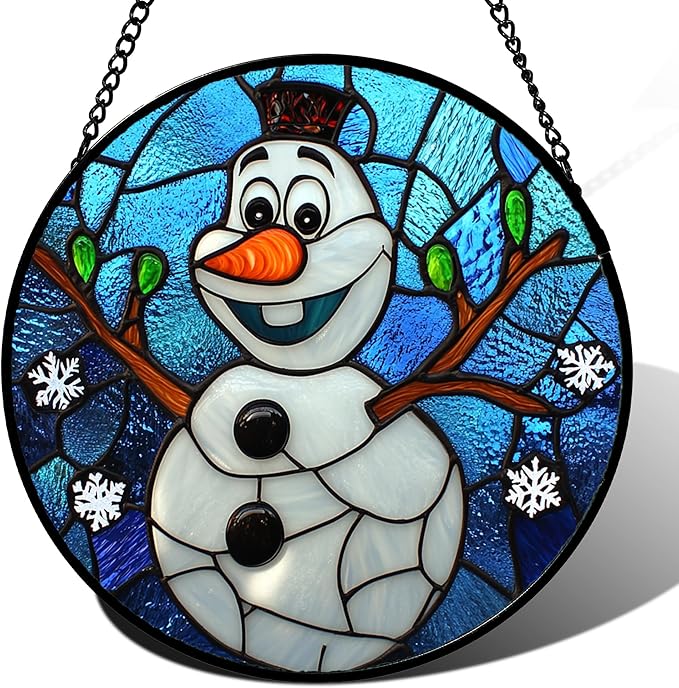 Stained Glass Window Hanging Christmas Funny Snowman 9.8" - Suncatcher Door Garden Blue White Snowflakes Sun Catcher New Year Birthday for Friend Mom Men Woman Nana