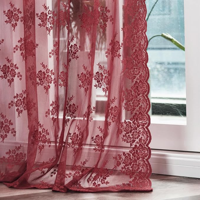 Kotile Burgundy Floral Lace Curtains by Kotile+Curtains