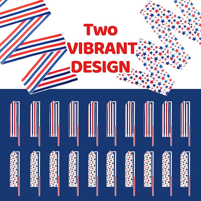 20 Pack Ribbon Dancer Wands for Patriotic Party Favors Supplies, Dancing Ribbon Stars and Stripes Streamers Ribbon Twirling Wand for Independence Day Labor Day Decorations Party Supplies