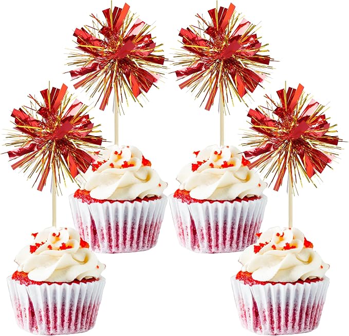 Gyufise 30Pcs Foil Firework Cupcake Toppers Sparkle Tinsel Cake Toppers Tinsel by Gyufise