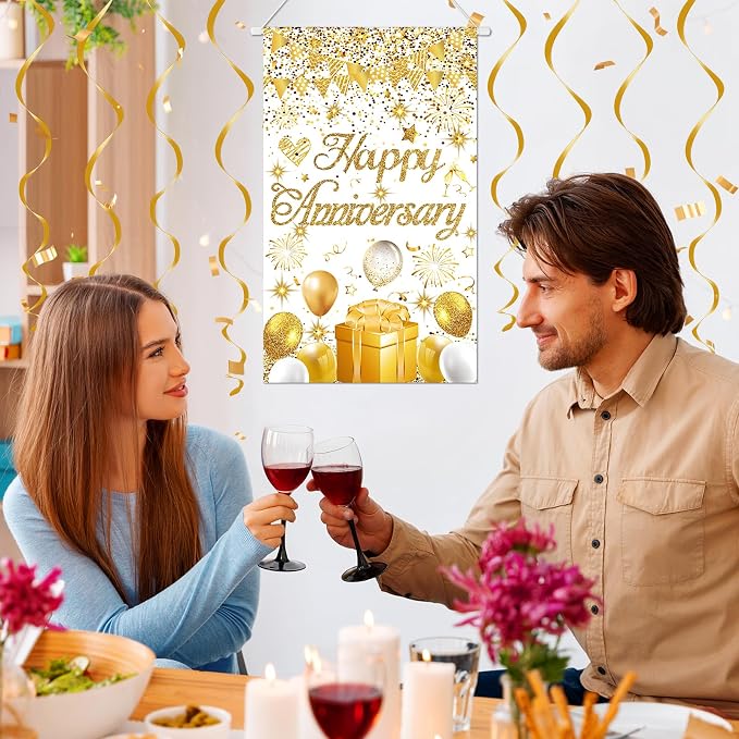 Anniversary Party Decorations White Gold Happy Anniversary Door Banner Sign - Image 4