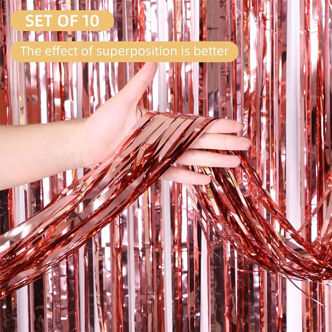 10 Pack Rose Gold Backdrop Curtain 3.2ft x 8.2ft Metallic Tinsel Foil Fringe - Image 2