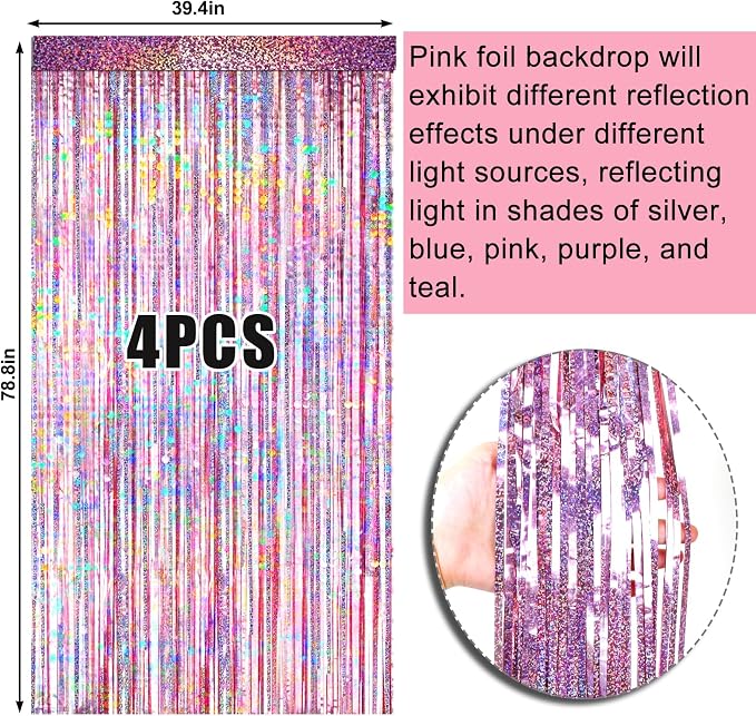 4 Packs Pink Foil Fringe Curtain, Baby Shower, Princess Bachelorette Cowgirl - Image 6