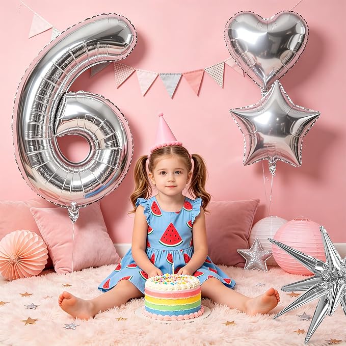 TONIFUL 6th Birthday Balloons Kit 40Inch Silver Large Number 6 Foil Balloon | - Image 3