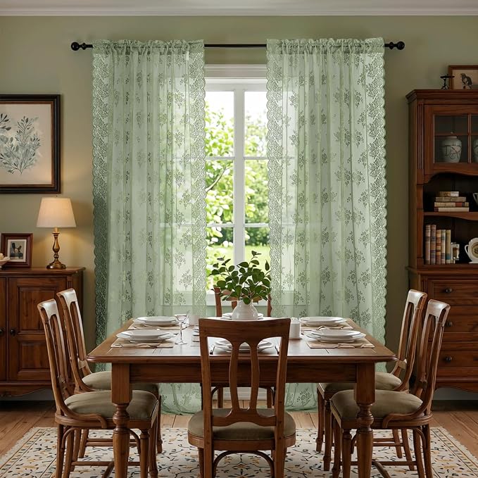 Kotile Vintage Sage Green Lace Curtains - Image 5