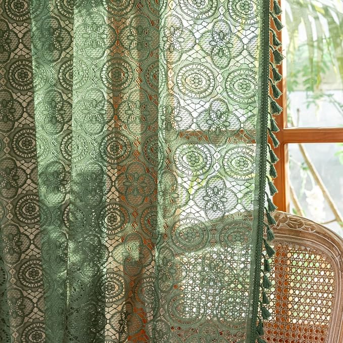 YJ YANJUN Boho Lace Curtains, Dark Green, 2 Panels | Vintage Floral Crochet - Image 4