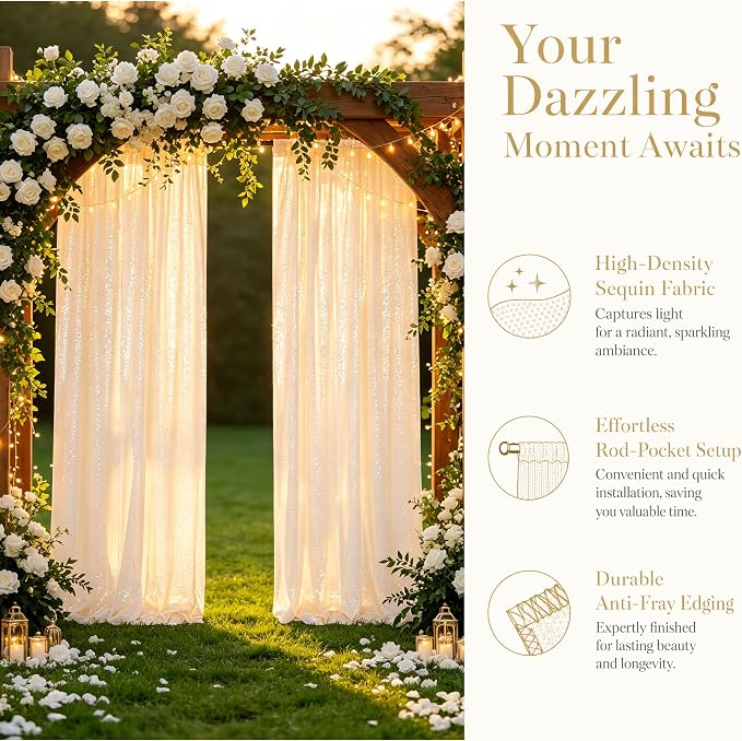ShinyBeauty Ivory Sequin Backdrop 2 Panels 4x7ft Wedding Party Photo Booth | - Image 3