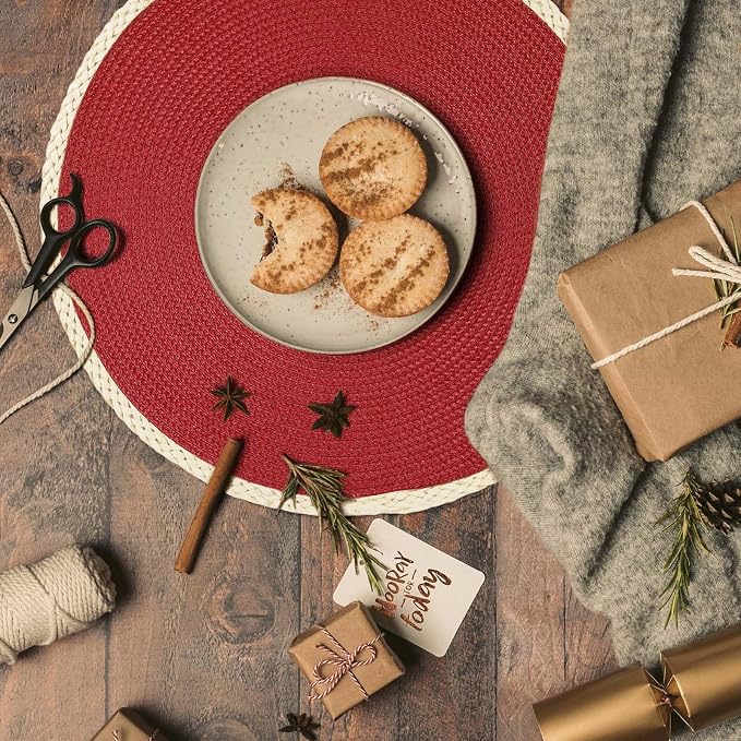 Round Placemats Set of 4, Woven Table Mats, Thin Edge, New Red | Braided Paper - Image 5