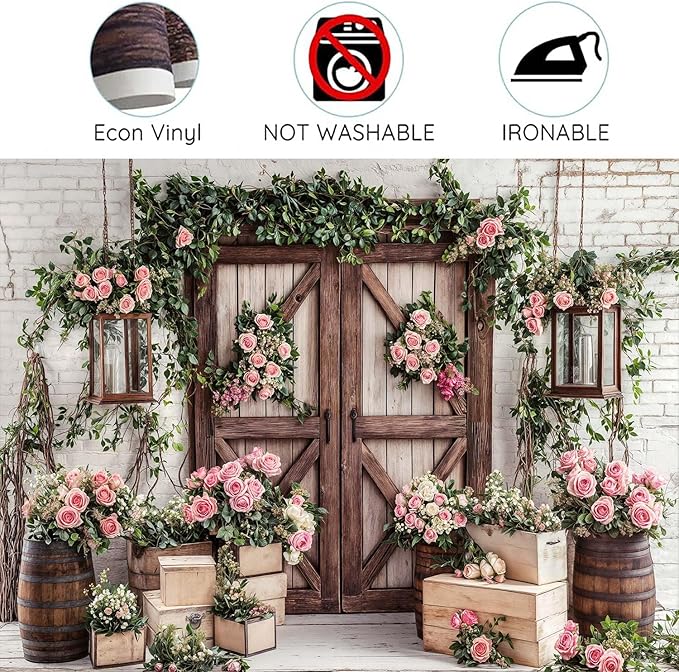 12x10ft Country Wedding Photography Backdrop Floral Rustic Roses Farmhouse Wooden Door Backdrop Pink Flower Birthday Baby Shower Wedding Bridal Party Banner Photo Booth Props Anniversary Background