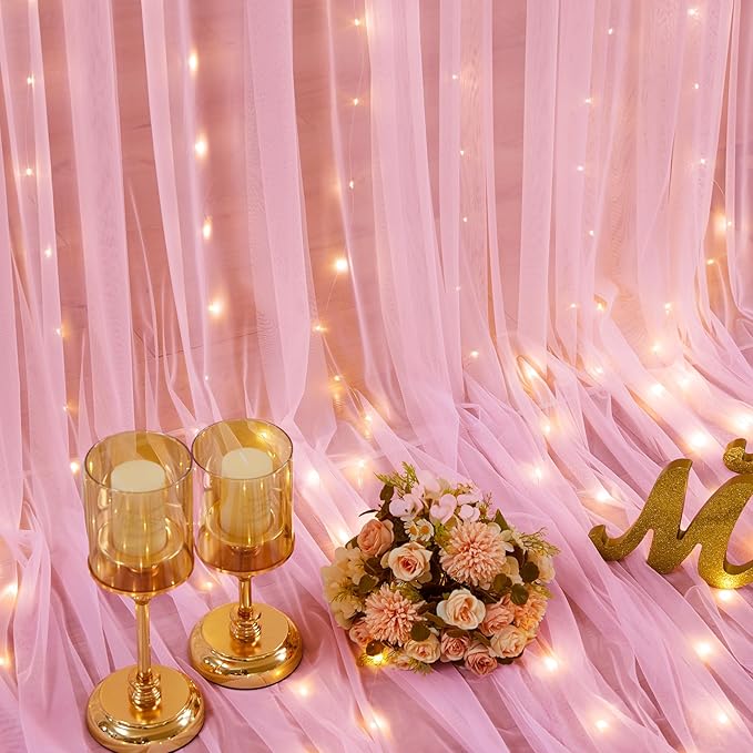 Sheer Backdrop Curtains with Lights String for Weddings Baby Showers, 20x8ft Sheer Tulle Photo Backdrop Curtains for Birthday Party Photography Background Decoration, Pink