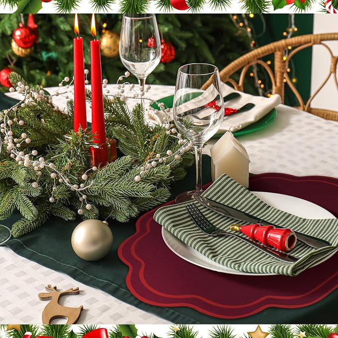 6 Pcs Wine Red Wedding Placemats Scalloped Embroidered Cotton Linen Placemats - Image 3