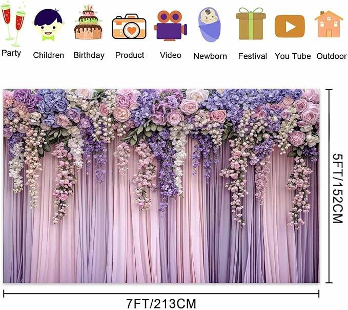 8x6ft Purple Flower Wedding Photography Backdrop Lavender Floral Wedding Bridal Photography Backdrop Anniversary Birthday Baby Shower Girl Party Banner Photo Booth Props Background Wall Decor