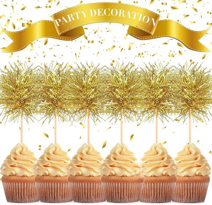 Chinco 100 Pcs Foil Firework Cupcake Toppers Gold Sparkle Tinsel Cake Toppers - Image 3