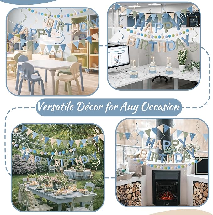 Kriyokiaa Dusty Blue Sage Green Happy Birthday Banner Party Set | Pre-strung - Image 7