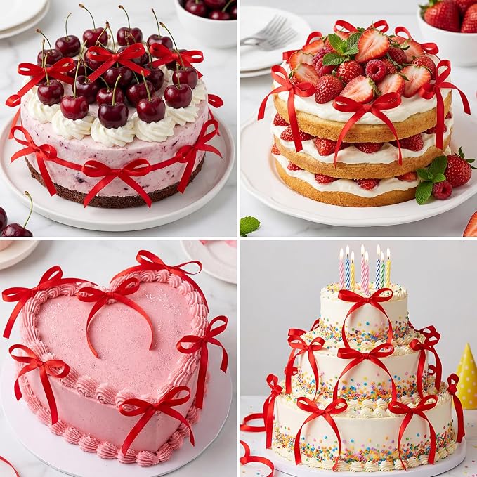30 Pack Red Ribbon Bows for Cake Bow Cake Toppers | Bow Birthday Decorations - Image 3