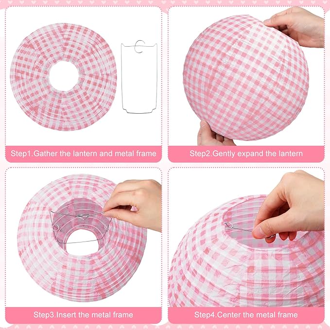 Honoson 12 Pcs Pink Gingham Paper Lanterns Decoration10 Inch White and Pink - Image 5