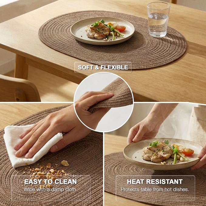 Placemats Set of 6, Woven Oval Braided Dining Table Mats | 12 x 17.5 Inch Size - Image 4