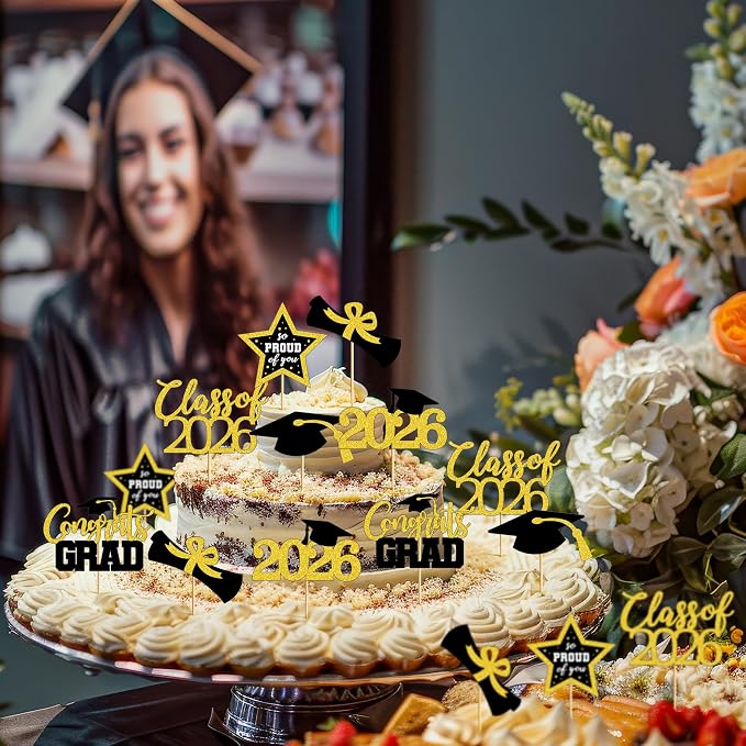 48 PCS Graduation Cupcake Toppers, 6 Styles Congrats Grad Cake Topper, Glittery - Image 6