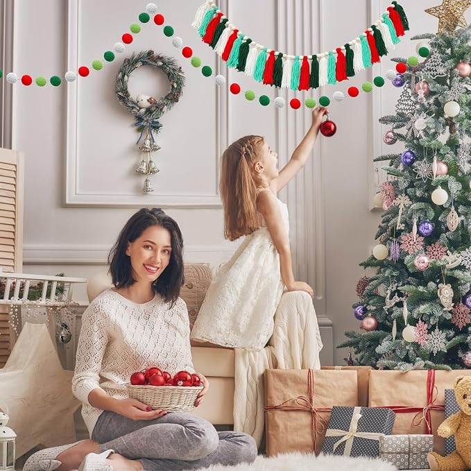 2 Pcs Boho Tassel Christmas Garland, Pom Pom Tassel, 6.5 Feet Long 20 Felt Balls - Image 6