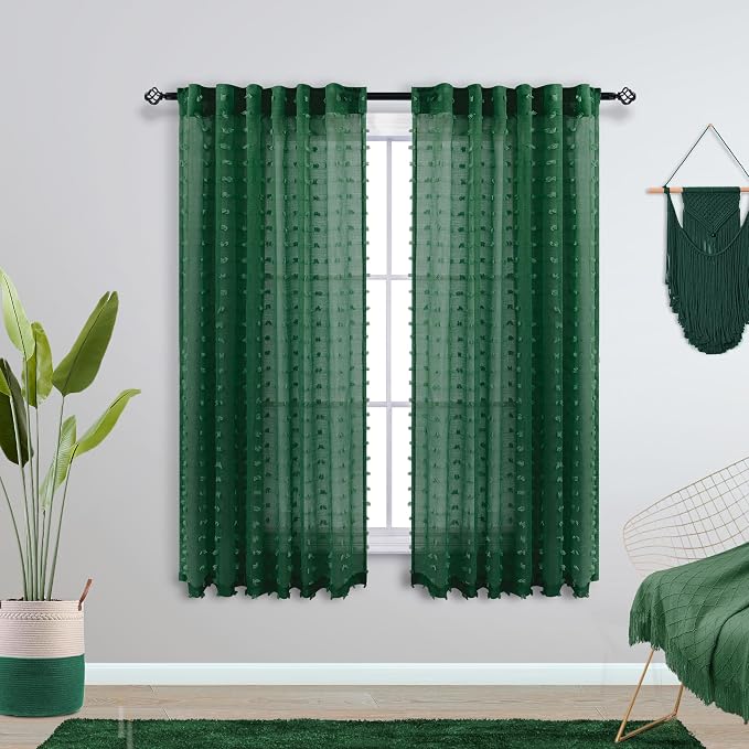 KOUFALL Dark Green Curtains for Bedroom Bathroom, Short Sheer Vintage Retro by KOUFALL