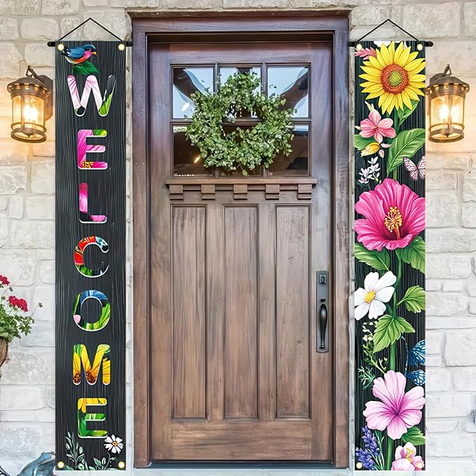 BlissYard 2 Pcs Welcome Floral Porch Banners Spring Summer Bird Butterfly - Image 2