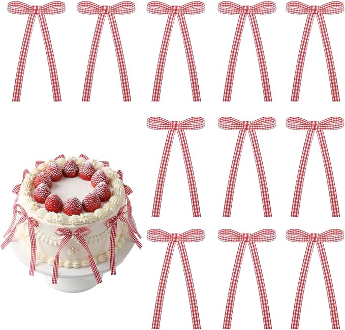 30 Pack Gingham Ribbon Bows for Cake Red Gingham Bow Cake Toppers | Plaid by NatNarr
