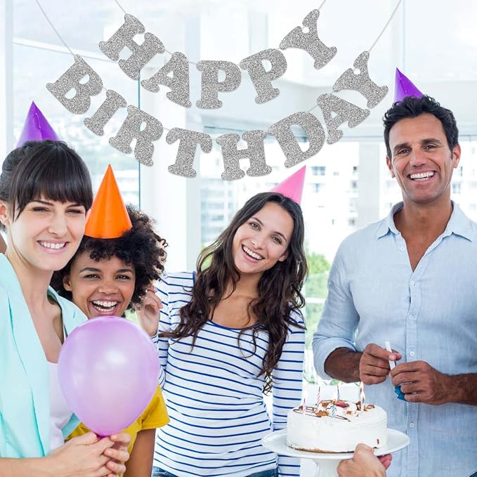 Silver Happy Birthday Banner Birthday Party Decorations Happy Birthday Banner - Image 3