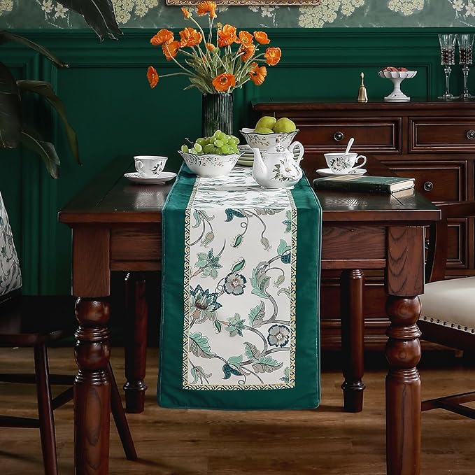 patdrea Designer Elegant French Floral Velvet Table Runner, Teal with Blossoms Pattern Table Mat, Decoration for Kitchen Dining Coffee Table Shelf Cabinet Banquet Thanksgiving,12"*102"