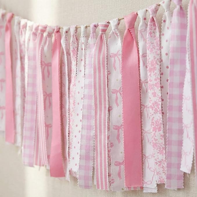 Moukeren Pink Bow Fabric Tassel Garland Coquette Bows Fabric Banner Cotton by Moukeren