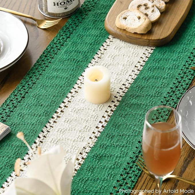 Artoid Mode Emerald Green Farmhouse Woven Table Runner 12x120 Inch | Holiday - Image 4