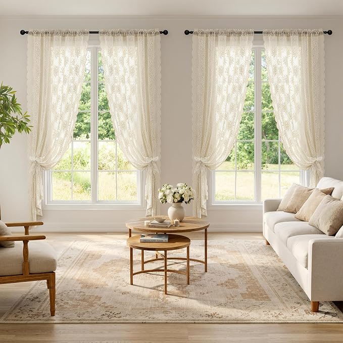 MIULEE Vintage Floral Scalloped Lace Curtains 2 Panels, Cream 52" W x 63" L | - Image 2