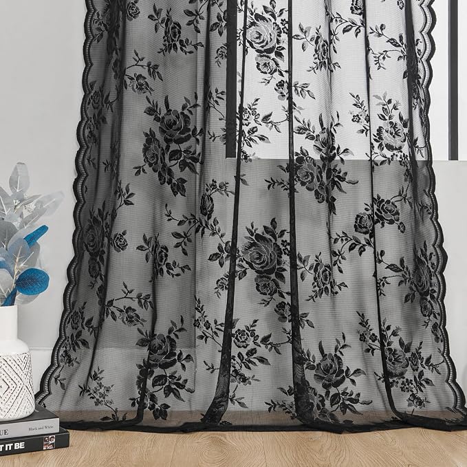 Black Lace Curtains 108 Inches Long Gothic Floral Sheer Curtains - Image 5