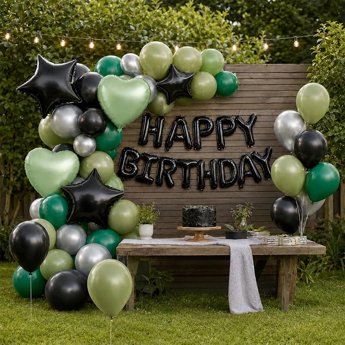 Black Green Birthday Decortions, Star Heart Foil Balloons - Image 5