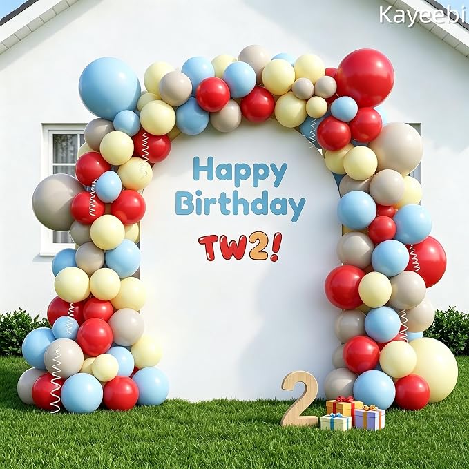 Red Blue Yellow Beige Balloons Arch 12inch Pastel Blue Yellow Red White Sand - Image 3
