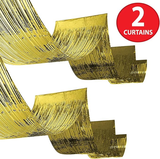 Beistle 2 Piece Gold Metallic Plastic Fringed Ceiling Curtains, 19.5” x 16’ - Image 4
