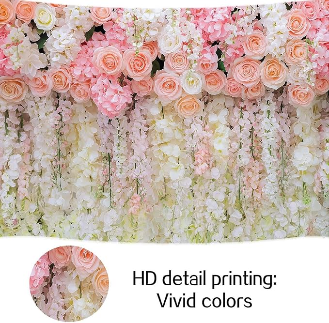 10x8ft Pink Rose Flower Wedding Photography Backdrop Spring Floral Photography Backdrop Valentine's Day Mother's Day Girl Birthday Baby Shower Wedding Bridal Party Banner Photo Booth Props Background
