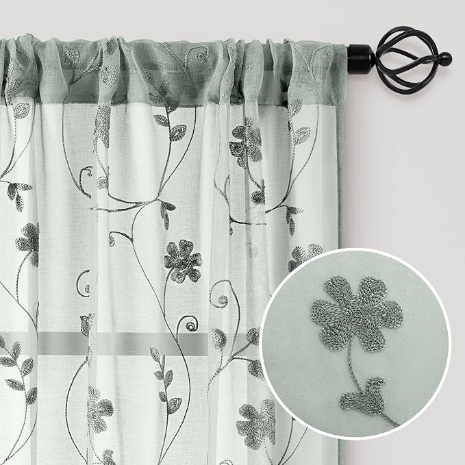 HOMEIDEAS Sage Green Sheer Curtains 96 Inches Long 2 Panels Embroidered Floral - Image 4