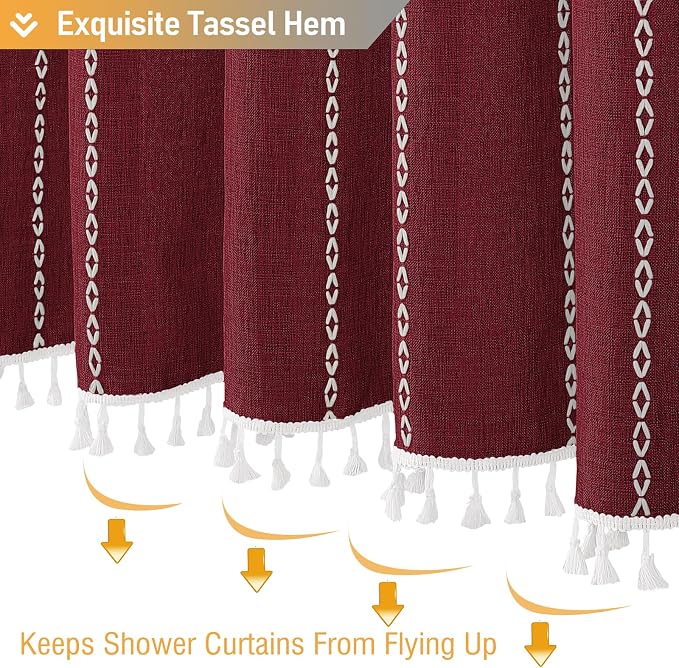 Burgundy Cream Boho Farmhouse Linen Heavy Duty Shower Curtain, 72x72 | 330GSM - Image 5