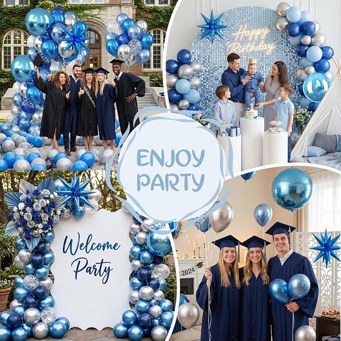 Blue and Silver Balloons, 12 Inch Navy Blue Metallic Silver Confetti Balloon - Image 7