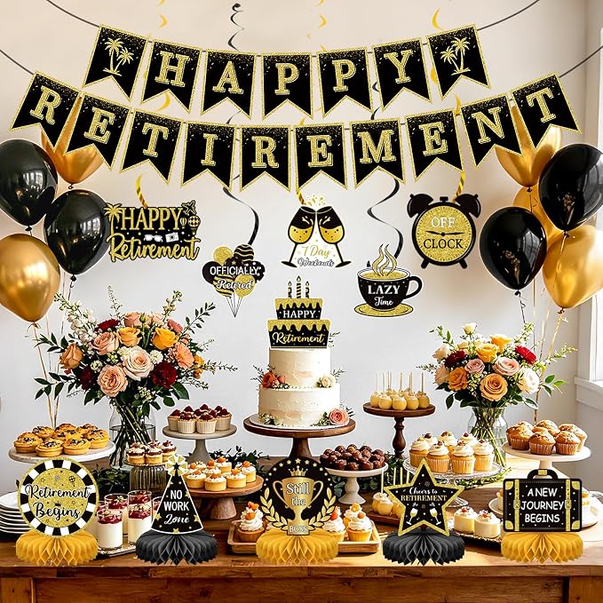 Retirement Party Decorations Black and Gold Happy Retirement Banner - Image 6