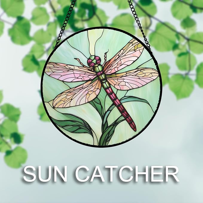 DASTOLL Stained Glass Window Hanging 4 Pcs Set Pink Green Insect Theme 9.8" - Image 5