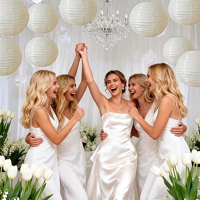 Cream Paper Lanterns 9Pcs Hanging Round Paper Lanterns Lamp - Image 3