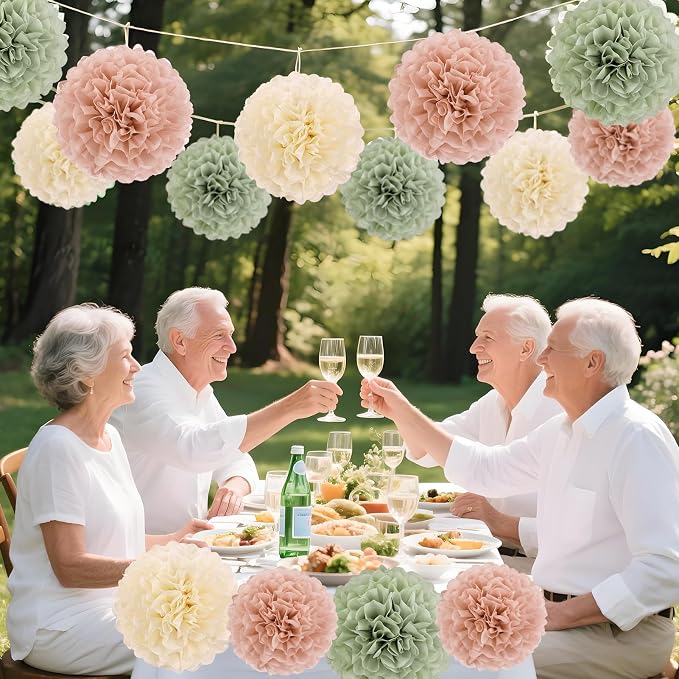 EASY JOY Sage Green Tissue Pom Poms Paper Flowers Decorations Natural Green - Image 8