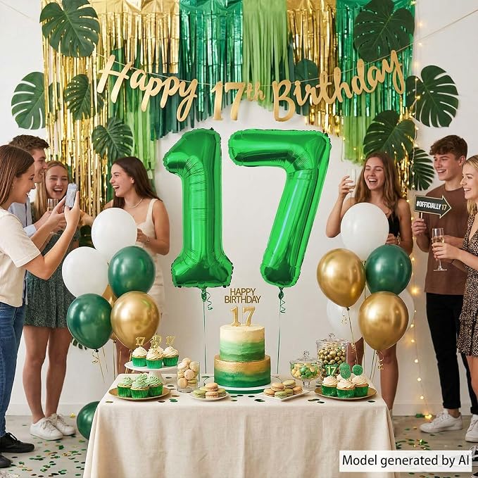 Green Number 17 Balloon 40 Inch, Luminous Foil Duo - Image 6